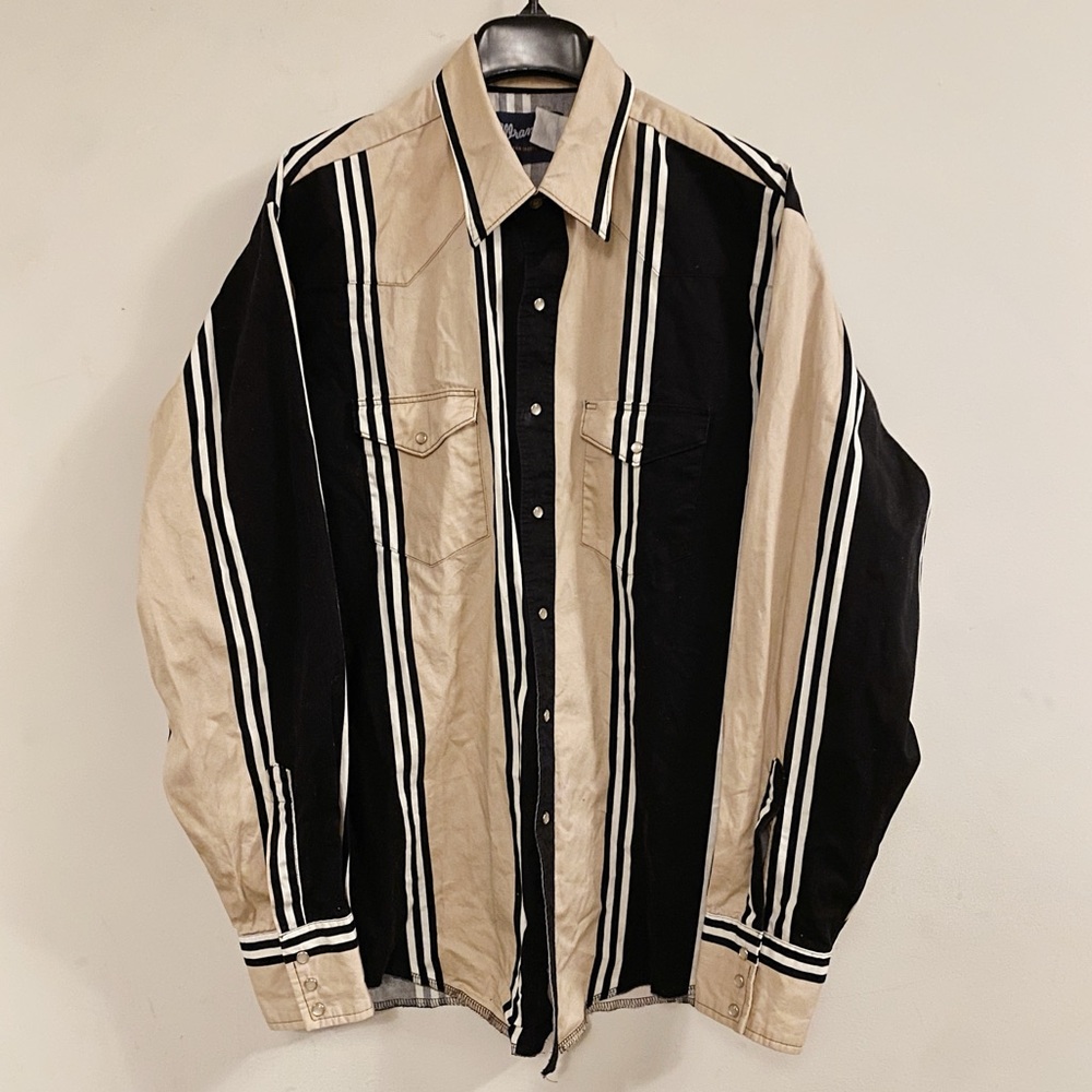 Vintage Wrangler Striped Cotton Brushpopper Western Pearl Snap Button Down Shirt